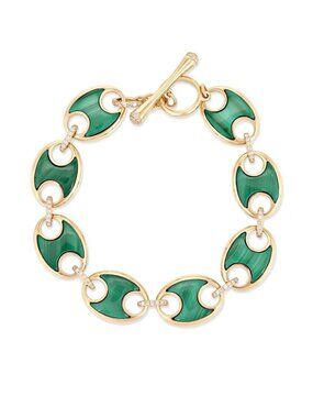 Malachite Diamond 14K(or 18k upon request)Yellow Gold Toggle Clasp Link Bracelet
